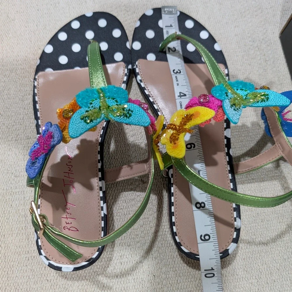 Betsey Johnson Halie Butterfly Floral Polka Dot Sandals Black Multi Size 7 NIB